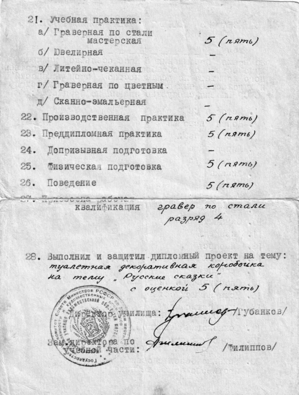 Выписка из табеля учета успеваемости в Красносельском училище художественной обработки металлов выдана А.А. Коптяеву 1962 год